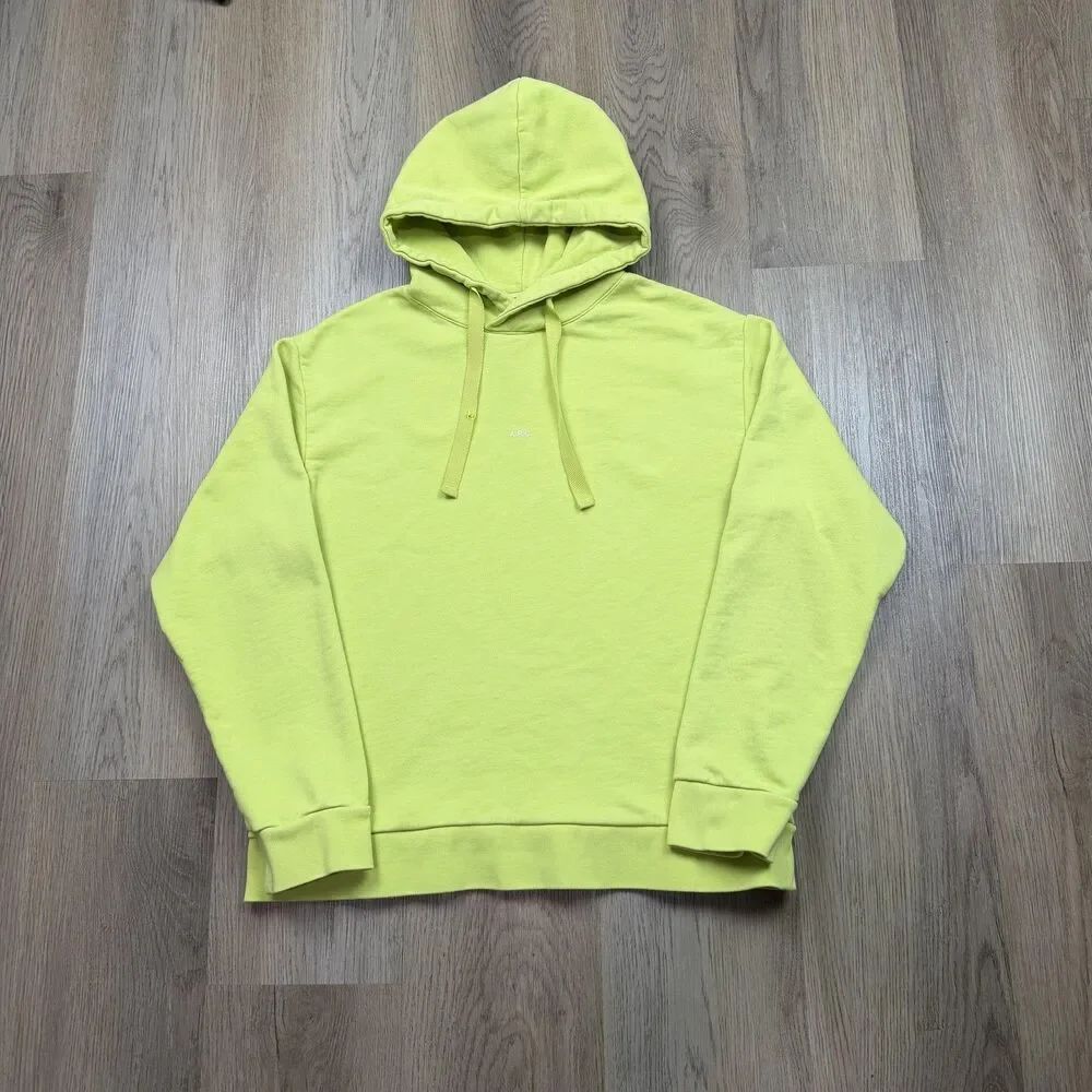 A.P.C. Hoodie Mens Large Lime Green Organic Cotton Logo Fleece Pullover